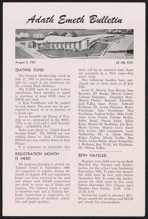 Primary view of object titled 'Adath Emeth Bulletin, August 4, 1961'.
