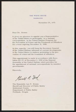 Primary view of object titled '[Letter from Gerald R. Ford to Lee P. Brown, November 29, 1975]'.