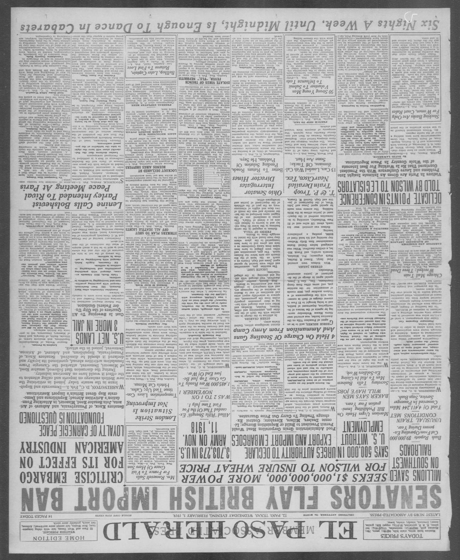 El Paso Herald (El Paso, Tex.), Ed. 1, Wednesday, February 5, 1919
                                                
                                                    [Sequence #]: 1 of 14
                                                
