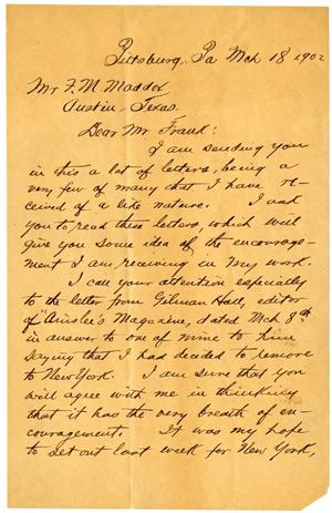 Primary view of object titled '[Handwritten letter from O. Henry to F.M. Maddox]'.