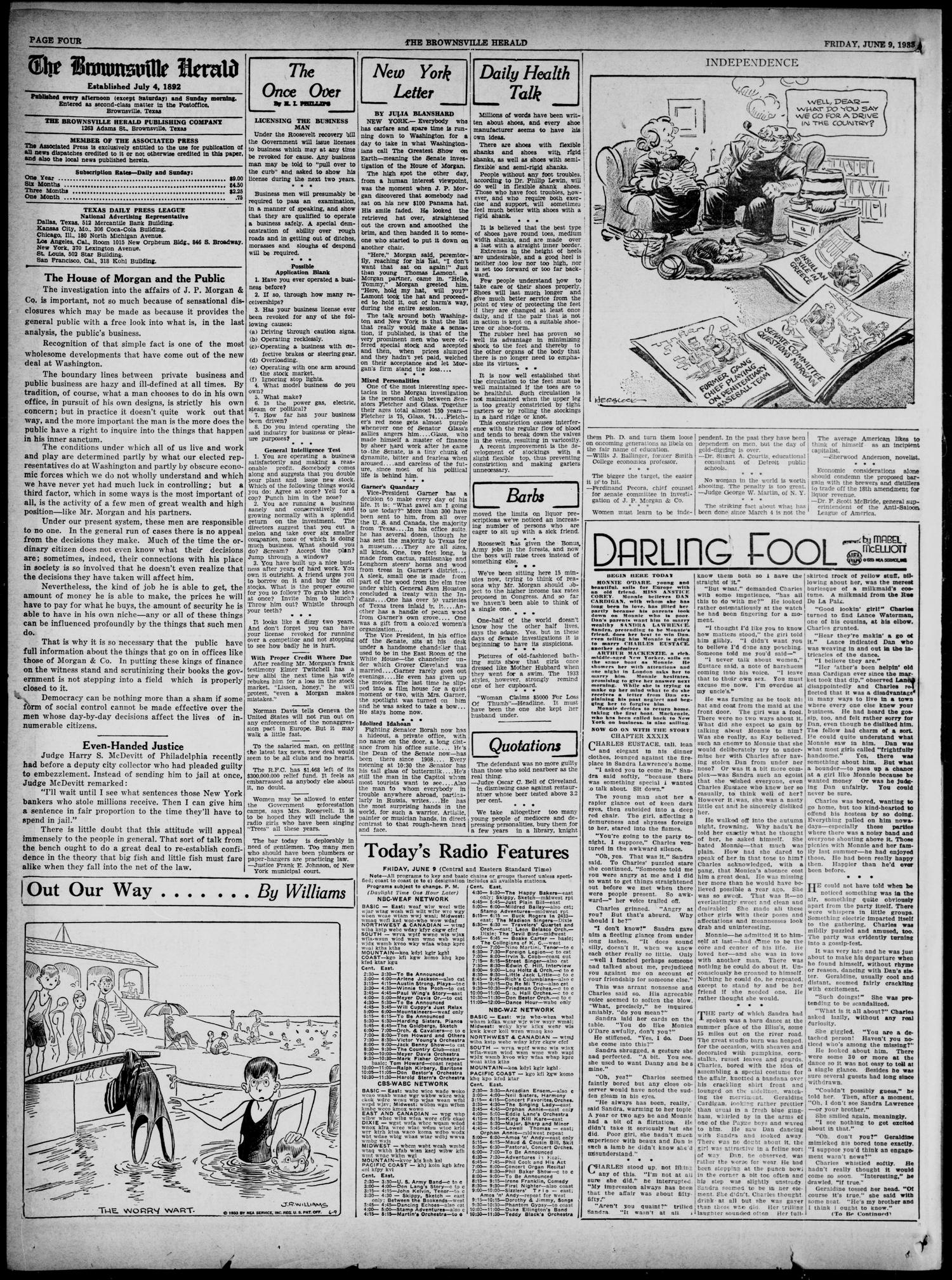 The Brownsville Herald (Brownsville, Tex.), Vol. 41, No. 291, Ed. 1 Friday, June 9, 1933
                                                
                                                    [Sequence #]: 4 of 12
                                                