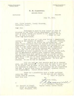 Primary view of object titled '[Letter from T. N. Carswell to Clyde Suddath - July 27, 1955]'.