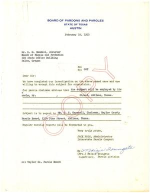 Primary view of object titled '[Form letter from Maizie Toungate to H. M. Randall - February 10, 1955]'.