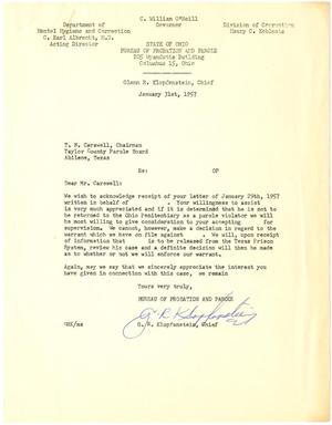 Primary view of object titled '[Letter from G. R. Klopfenstein to T. N. Carswell - January 31, 1957]'.