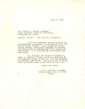 Primary view of object titled '[Letter from T. N. Carswell to Walter A. Gordon - January 11, 1952]'.