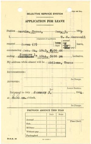 Primary view of object titled '[Selective Service System Application for Leave for T. N. Carswell - December 3, 1943]'.