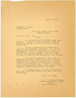 Primary view of object titled '[Letter from T. N. Carswell to Pauline Kirk - April 28, 1951]'.