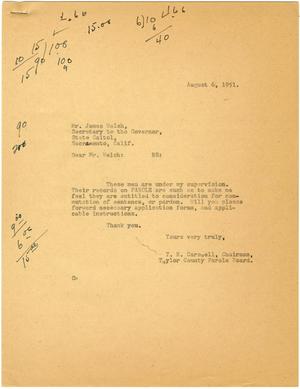 Primary view of object titled '[Letter from T. N. Carswell to James Welsh - August 6, 1951]'.