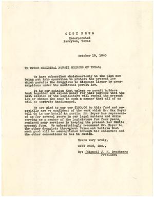 Primary view of object titled '[Form letter from J. H. Brashears addressed to Other Medicinal Permit Holders of Texas - October 19, 1940]'.