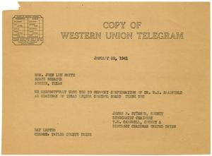 Primary view of object titled '[Telegram from James P. Stinson and T. N. Carswell to Senator John Lee Smith - January 28, 1941]'.