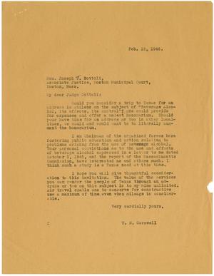 Primary view of object titled '[Letter from T. N. Carswell to Joseph T. Zottoli - February 12, 1946]'.