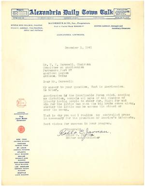 Primary view of object titled '[Letter from Rollo C. Jarreau to T. N. Carswell - December 1, 1941]'.
