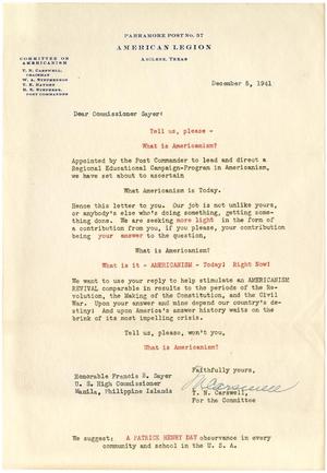 Primary view of object titled '[Form letter from T. N. Carswell to Francis B. Sayer - December 5, 1941]'.