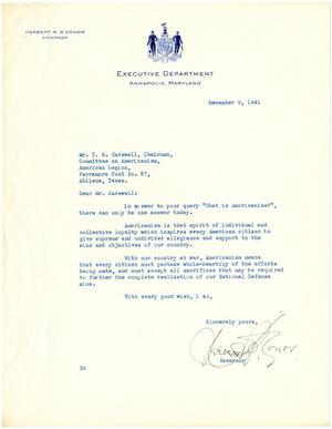 Primary view of object titled '[Letter from Governor Herbert R. O'Conor to T. N. Carswell - December 9, 1941]'.