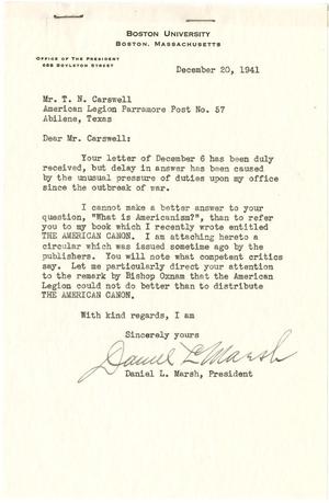 Primary view of object titled '[Letter from Daniel L. Marsh to T. N. Carswell -December 20, 1941]'.