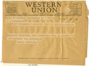 Primary view of object titled '[Telegram from Morris Sheppard to T. N. Carswell - January 7, 1941]'.