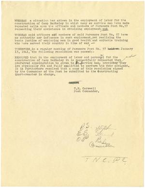 Primary view of object titled '[Resolution by Paramore Post No. 57 pertaining to the employment of ex-service men for the construction of Camp Barkeley - January 13, 1941]'.