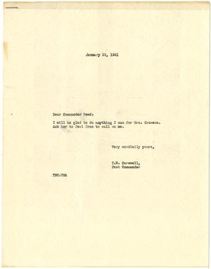 Primary view of [Letter from T. N. Carswell to Commander W. O. Reed - January 22, 1941]