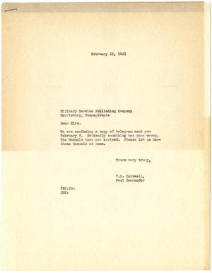 Primary view of object titled '[Letter from T. N. Carswell to Military Service Publishing Company - February 13, 1941]'.