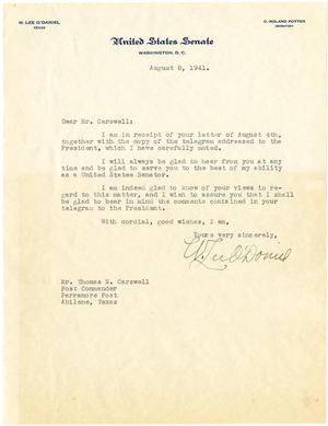 Primary view of object titled '[Letter from Senator W. Lee O'Daniel to T. N. Carswell - August 8, 1941]'.
