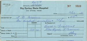 Primary view of object titled '[Receipt by Big Spring State Hospital for payment from T. N. Carswell for the account of Byrdie Carswell]'.