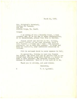 Primary view of object titled '[Letter from T. N. Carswell to the Secretary of Nora Whiting - March 24, 1969]'.