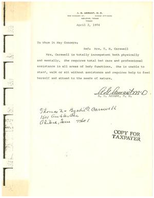 Primary view of object titled '[Letter from A. G. Arrant, M. D. addressed To Whom It May Concern - April 2, 1974]'.
