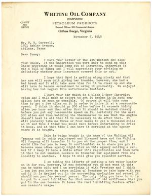 Primary view of object titled '[Letter from Milton Whiting to T. N. Carswell - November 5, 1948]'.