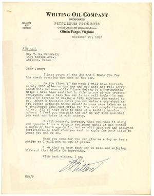 Primary view of object titled '[Letter from Milton Whiting to T. N. Carswell - November 27, 1948]'.