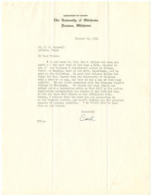 Primary view of object titled '[Letter from Carl, Department of History, The University of Oklahoma to T. N. Carswell - January 13, 1941]'.