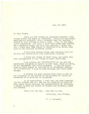 Primary view of object titled '[Letter from T. N. Carswell to Representative Truett Latimer - January 26, 1957]'.