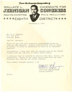 Primary view of object titled '[Letter from Wallace L. Jernigan to T. N. Carswell - September 5, 1962]'.