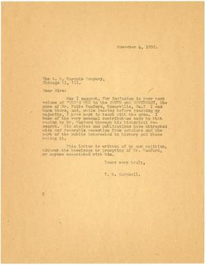 Primary view of object titled '[Letter from T. N. Carswell to The A. N. Marquis Company, Chicago - November 4, 1952]'.