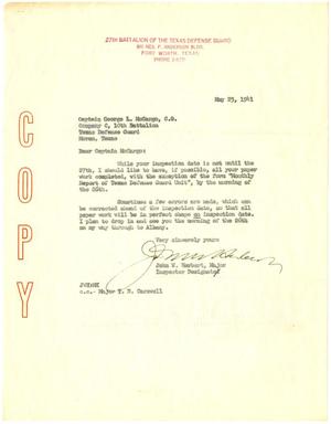 Primary view of object titled '[Letter from Major John W. Herbert to Captain George L. McCargo, copy to Major T. N. Carswell - May 23, 1941]'.