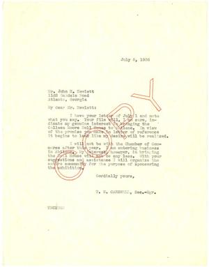 Primary view of object titled '[Letter from T. N. Carswell to John H. Hewlett - July 5, 1938]'.
