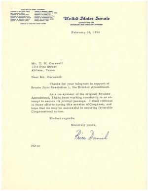Primary view of object titled '[Letter from Senator Price Daniel to T. N. Carswell - February 18, 1954]'.