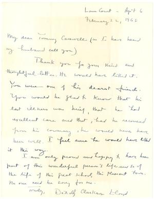 Primary view of object titled '[Letter from Dorothy Clarkson Lloyd to T. N. Carswell - February 22, 1968]'.