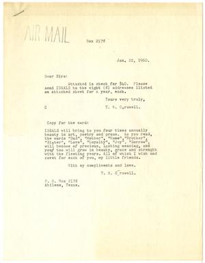 Primary view of object titled '[Letter from T. N. Carswell to Ideals Publishing Company - January 22, 1960]'.