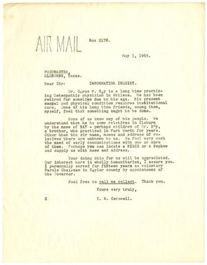 Primary view of object titled '[Letter from T. N. Carswell to the Postmaster, Cleburne, Texas - May 3, 1965]'.