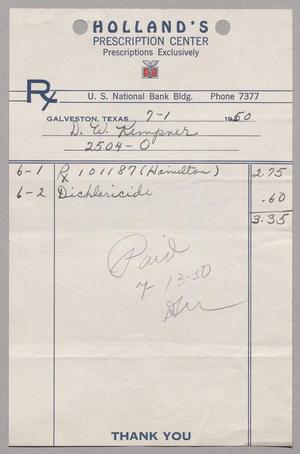 Primary view of object titled '[Invoice for Medicines in a Prescription and Dichloricide, July 1, 1950]'.