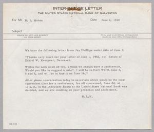 Primary view of object titled '[Inter-Office Letter from Robert L. Kempner to Ray I. Mehan, June 6, 1960]'.