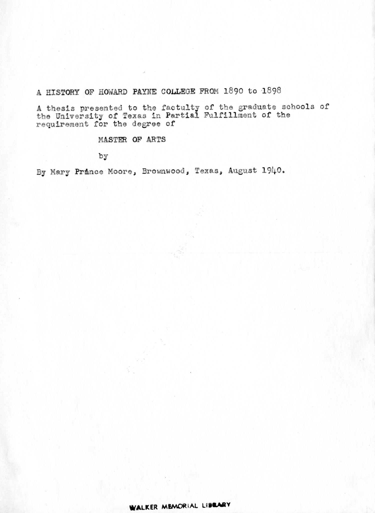 A History of Howard Payne College from 1890 to 1898
                                                
                                                    Title Page
                                                