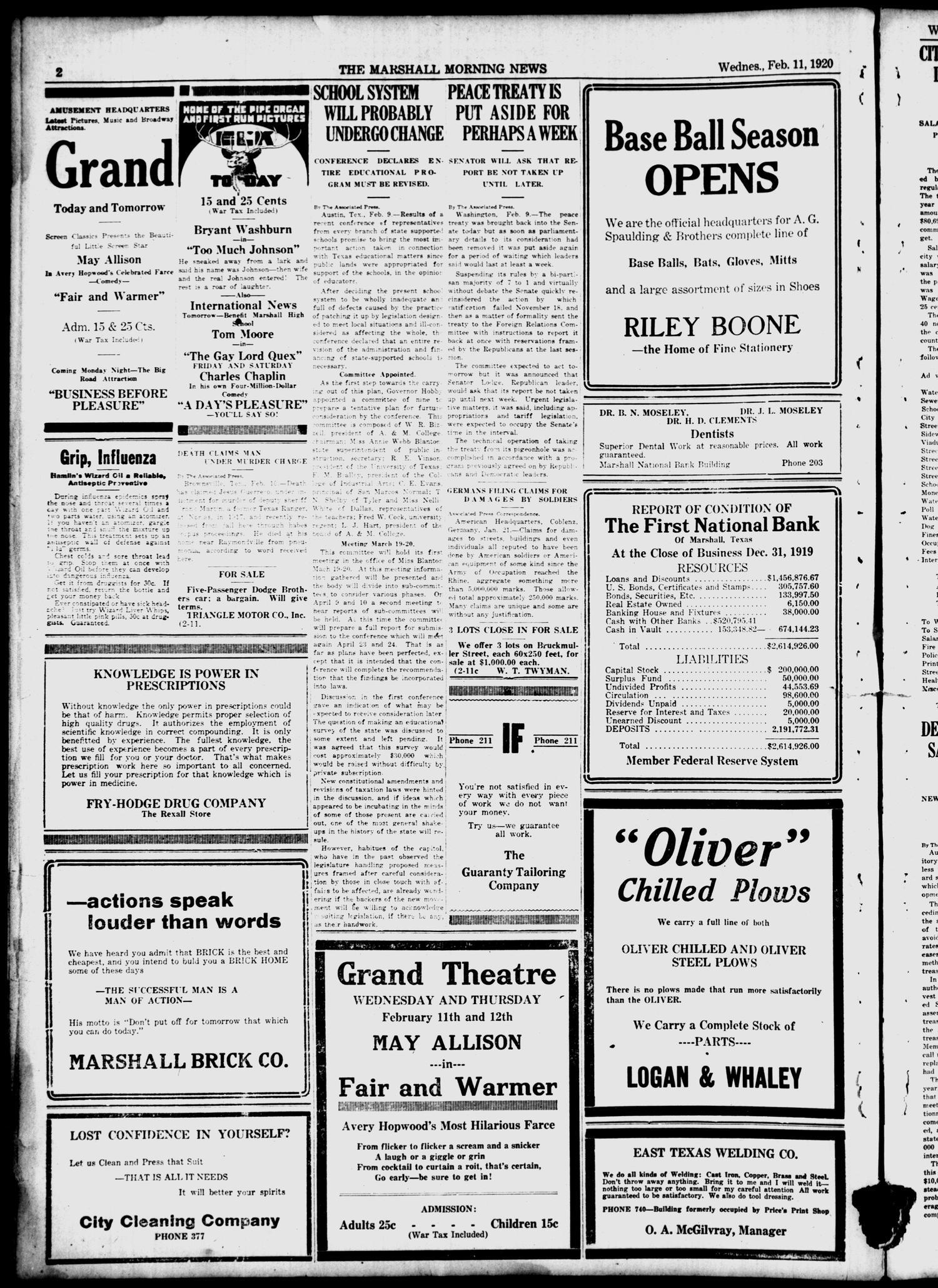The Marshall Morning News (Marshall, Tex.), Vol. 1, No. 132, Ed. 1 Wednesday, February 11, 1920
                                                
                                                    [Sequence #]: 2 of 8
                                                