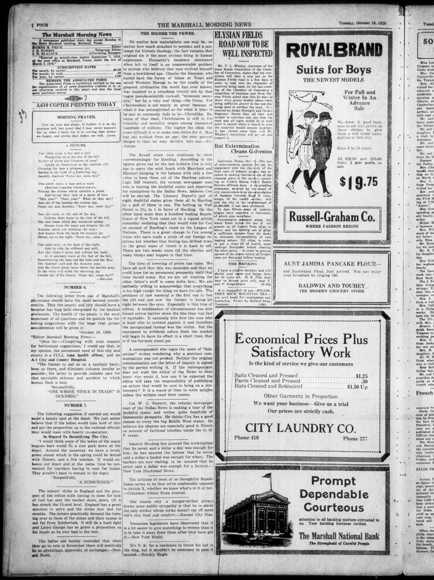 The Marshall Morning News (Marshall, Tex.), Vol. 2, No. 36, Ed. 1 Tuesday, October 19, 1920
                                                
                                                    [Sequence #]: 4 of 8
                                                