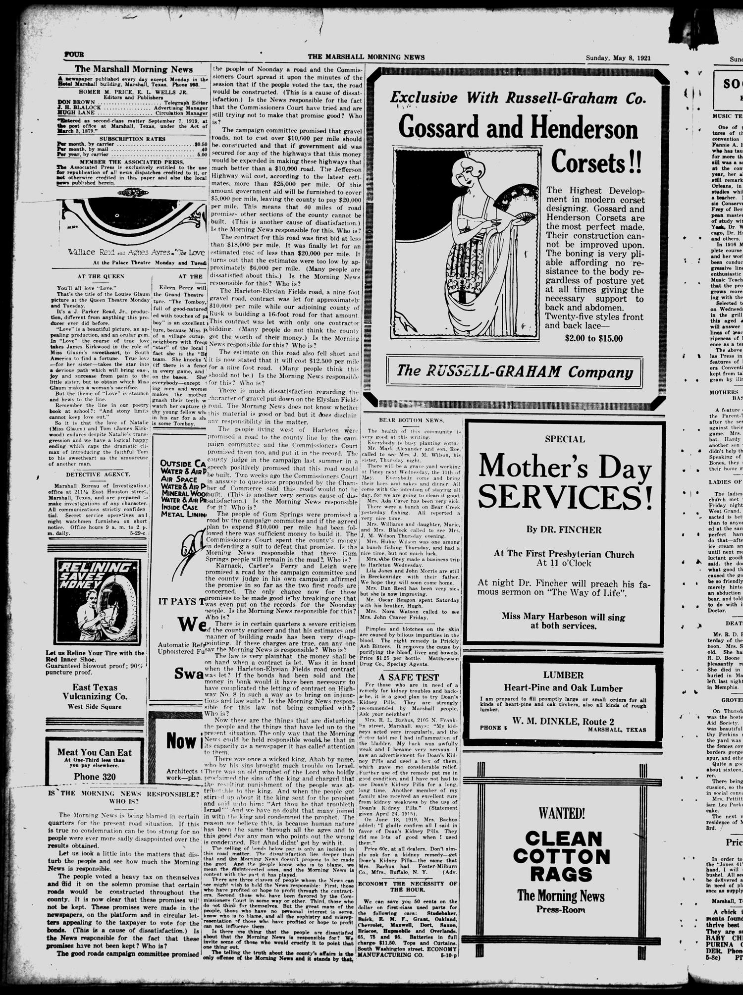 The Marshall Morning News (Marshall, Tex.), Vol. 2, No. 207, Ed. 1 Sunday, May 8, 1921
                                                
                                                    [Sequence #]: 4 of 8
                                                