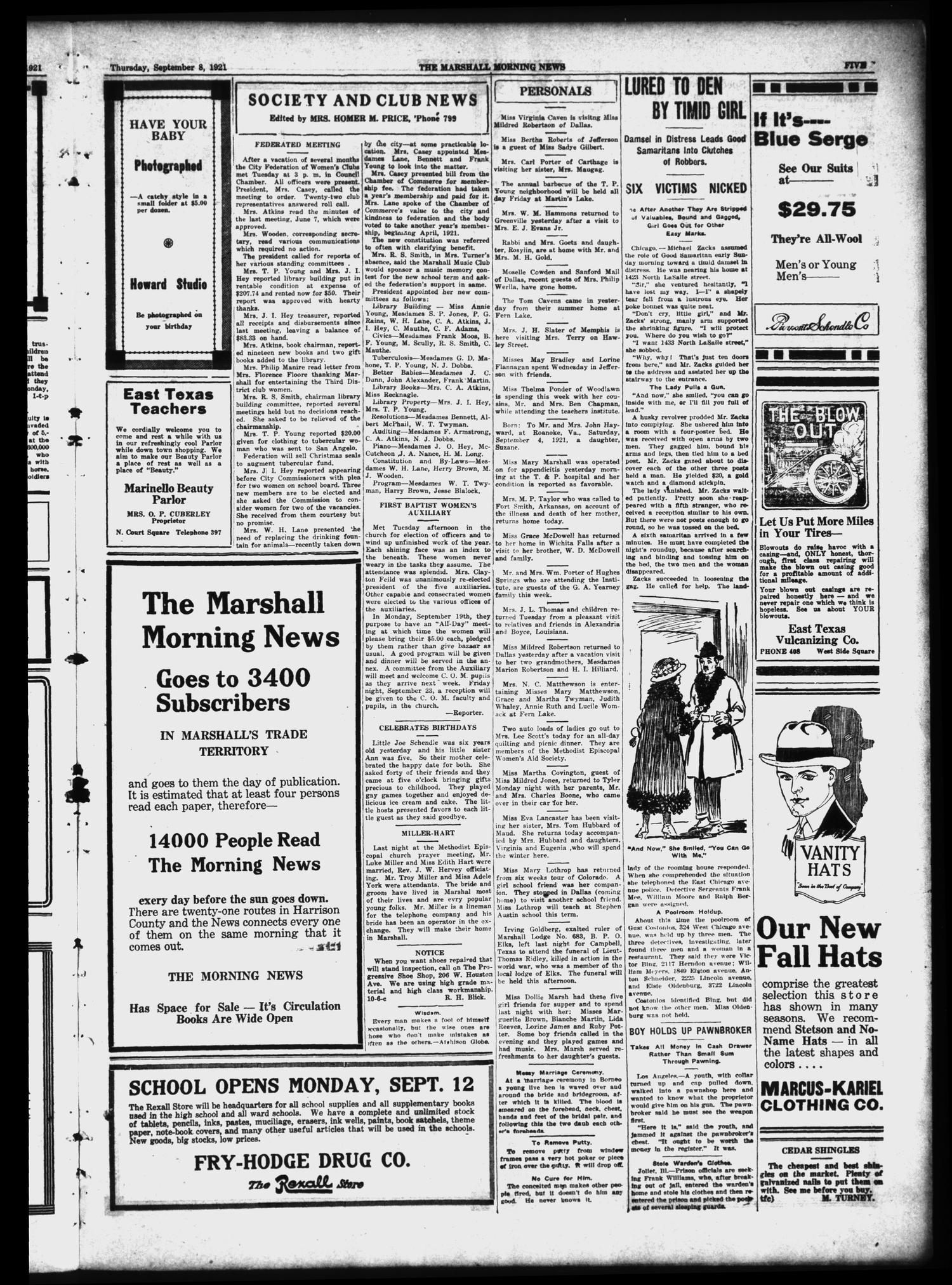 The Marshall Morning News (Marshall, Tex.), Vol. 2, No. 310, Ed. 1 Thursday, September 8, 1921
                                                
                                                    [Sequence #]: 5 of 8
                                                