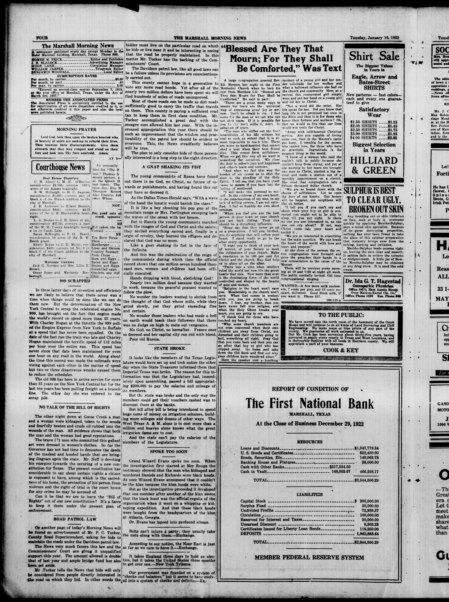 The Marshall Morning News (Marshall, Tex.), Vol. 4, No. 108, Ed. 1 Tuesday, January 16, 1923
                                                
                                                    [Sequence #]: 4 of 8
                                                