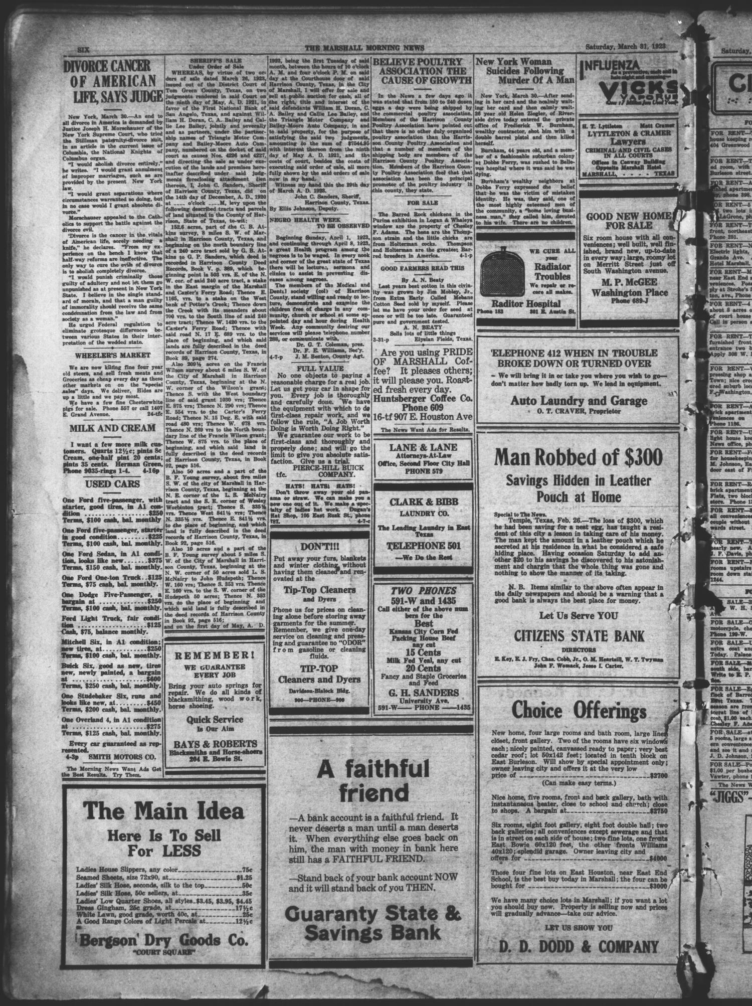 The Marshall Morning News (Marshall, Tex.), Vol. 4, No. 172, Ed. 1 Saturday, March 31, 1923
                                                
                                                    [Sequence #]: 6 of 8
                                                