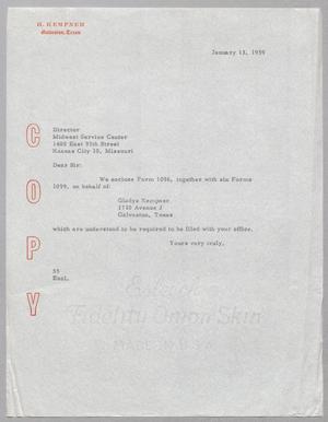 Primary view of object titled '[Letter from Ray I. Mehan to Midwest Service Center, January 13, 1959]'.