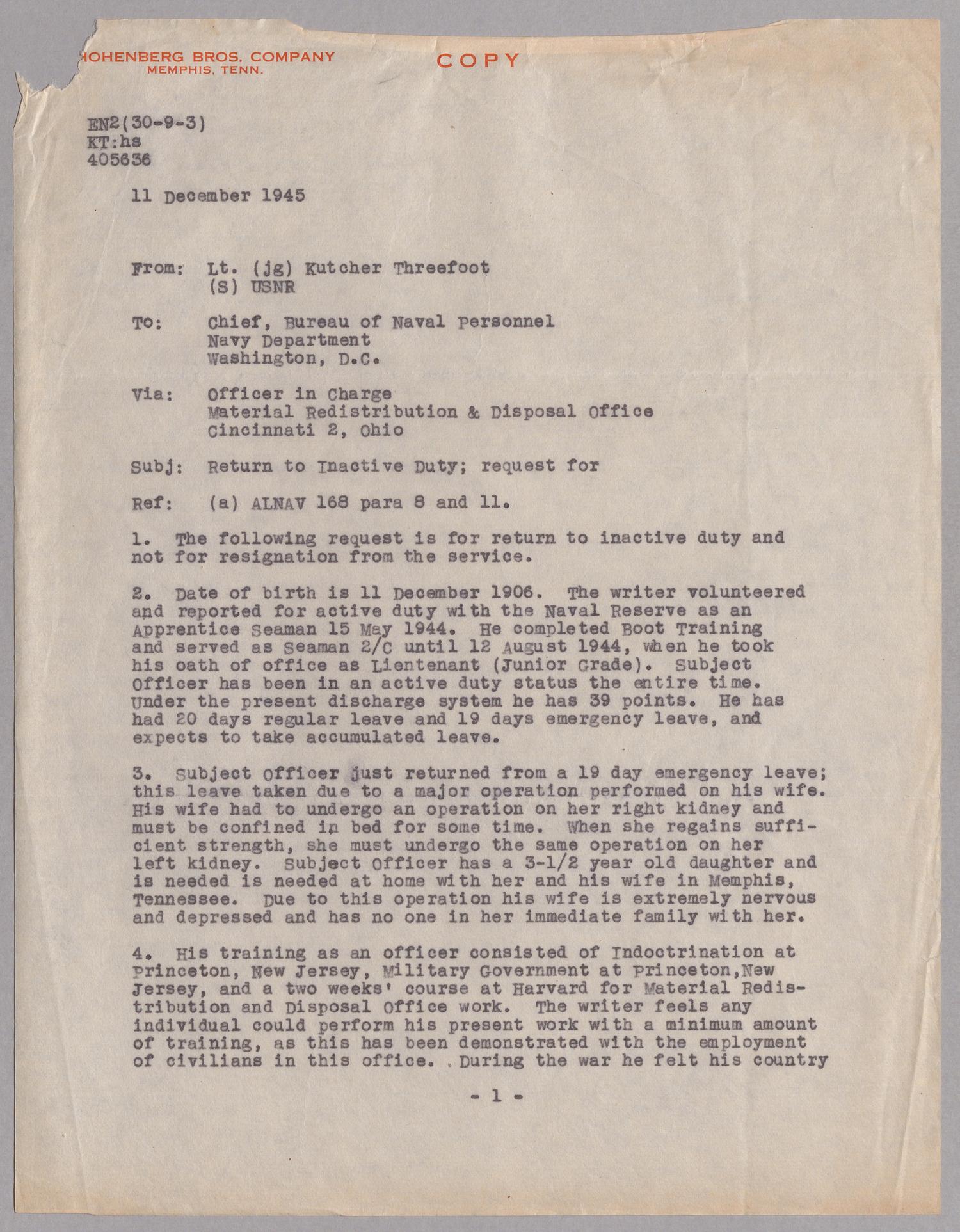 [Letter from Hohenberg Bros. Company to Commander Harris Kempner, December 13, 1945]
                                                
                                                    [Sequence #]: 3 of 6
                                                